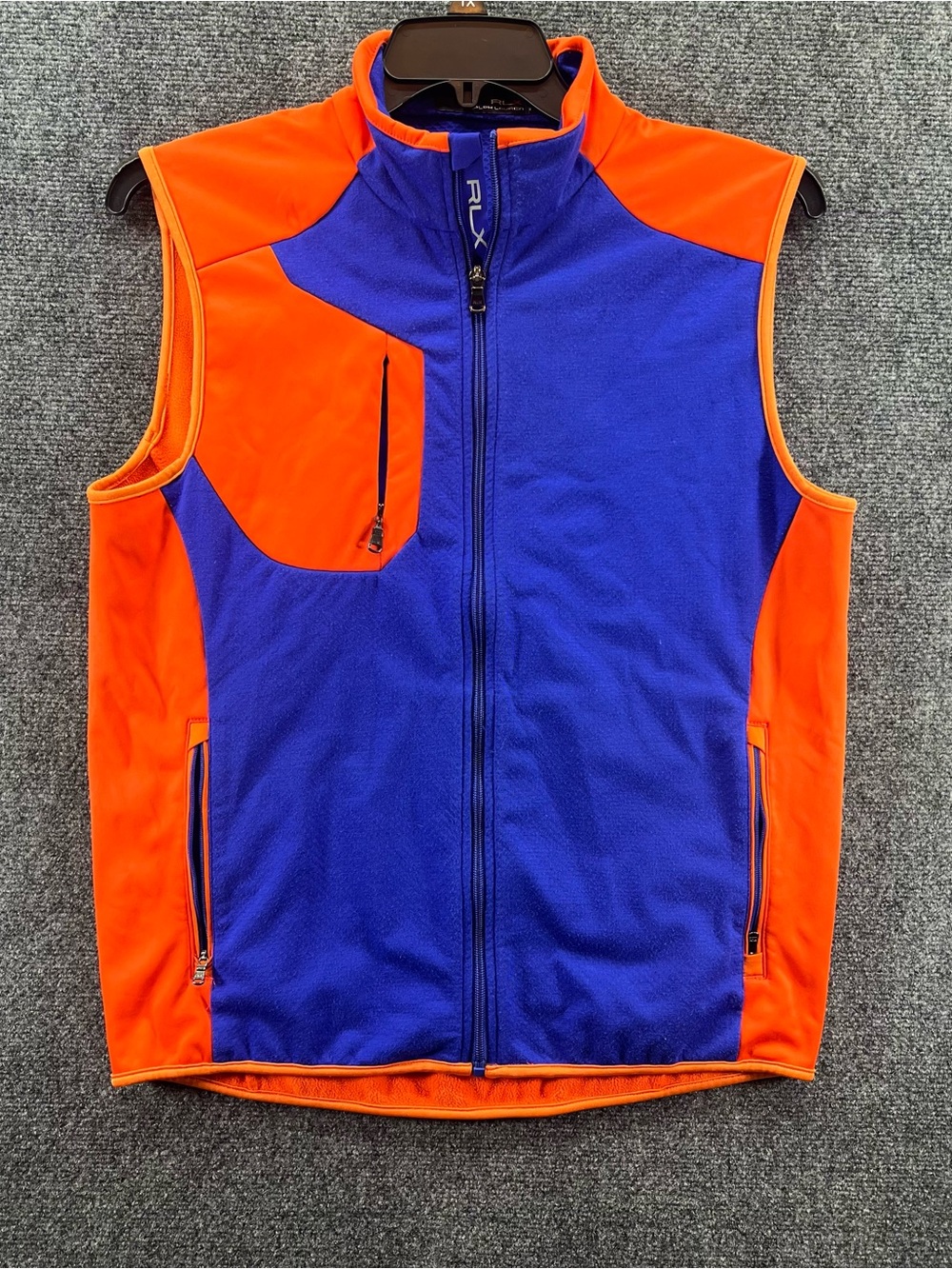 RLX Ralph Lauren Vest Mens Medium Orange/Blue Fleece Full Zip Performance Golf